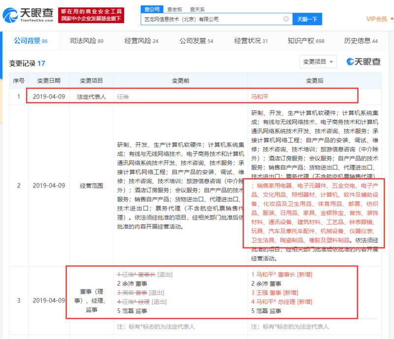 艺龙网法定代表人、经营范围变更