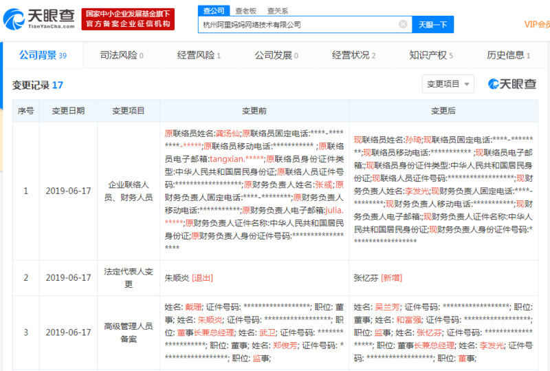 阿里巴巴旗下阿里妈妈发生工商变更，朱顺炎卸任法定代表人