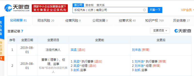 乐视汽车（北京）有限公司法定代表人变更