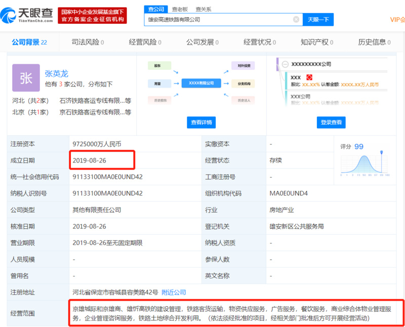 雄安高速铁路有限公司成立，注册资本972.5亿元