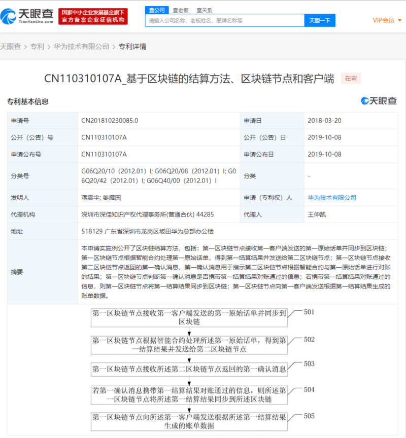 华为申请“基于区块链的结算方法、区块链节点和客户端”专利