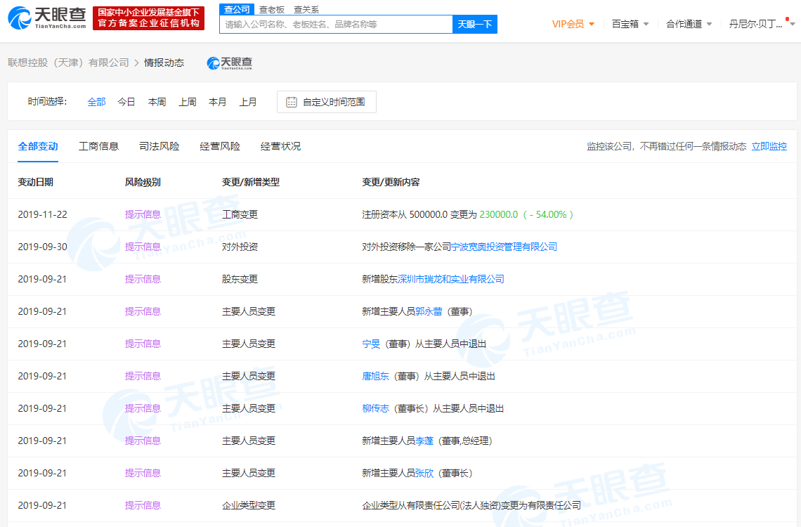 联想控股（天津）有限公司注册资本减少为23亿