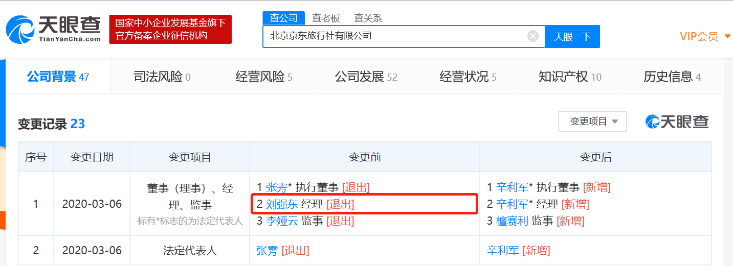 刘强东卸任北京京东旅行社有限公司经理