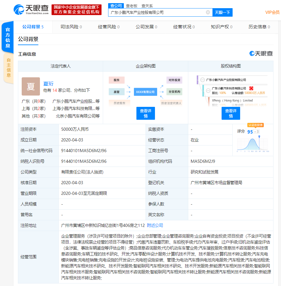 小鹏汽车成立产业控股公司,注册资本5亿元