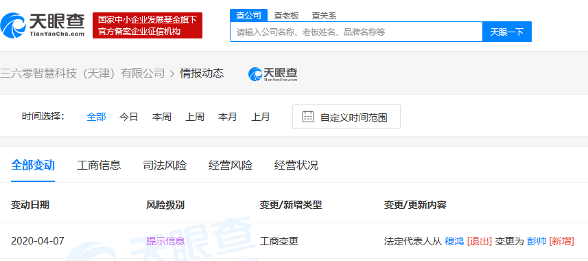 穆鸿卸任三六零旗下智慧科技公司法定代表人&nbsp;