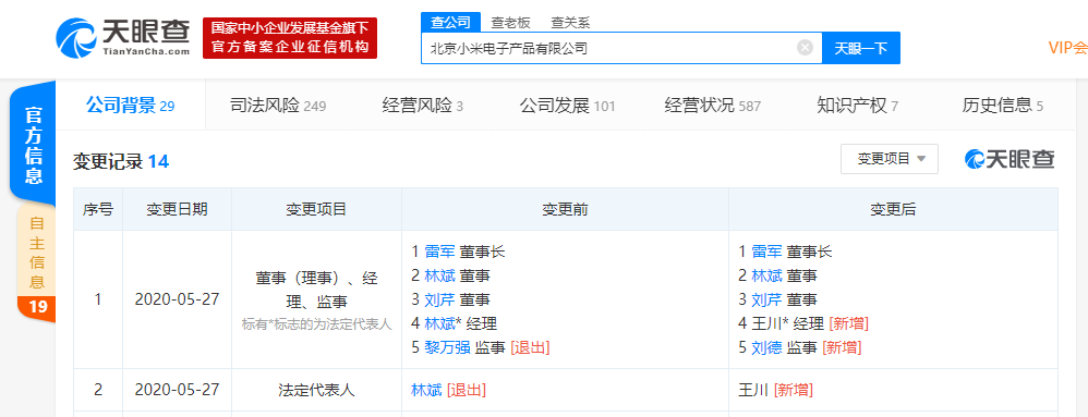 林斌卸任北京小米电子产品有限公司法定代表人、经理，由王川接任
