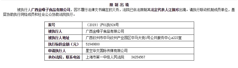 “金嗓子喉宝”创始人江佩珍被限制出境
