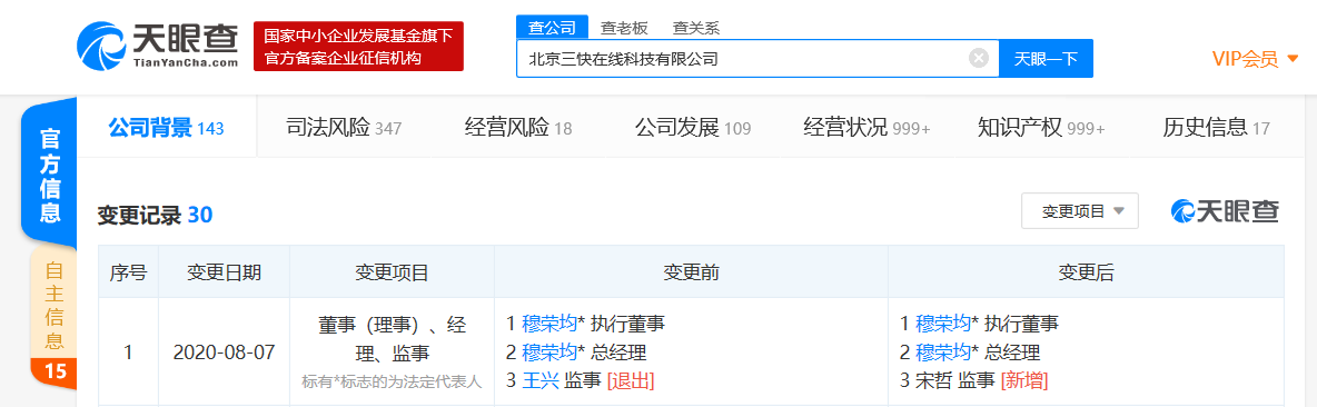 王兴退出美团关联公司监事，宋哲接任