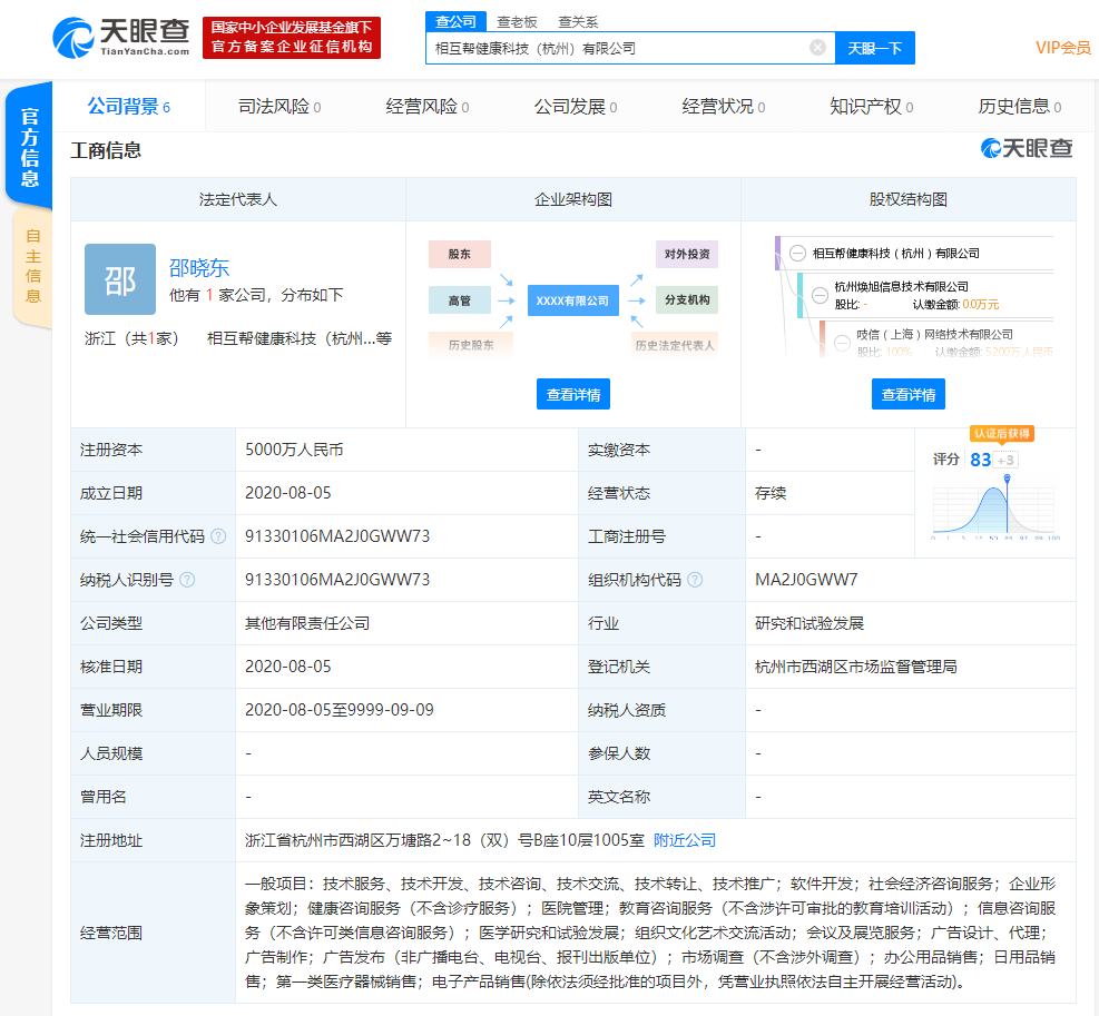蚂蚁集团关联公司成立健康科技新公司，注册资本5000万人民币