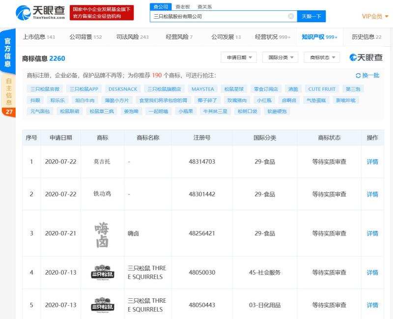 三只松鼠申请“莫吉托”相关商标