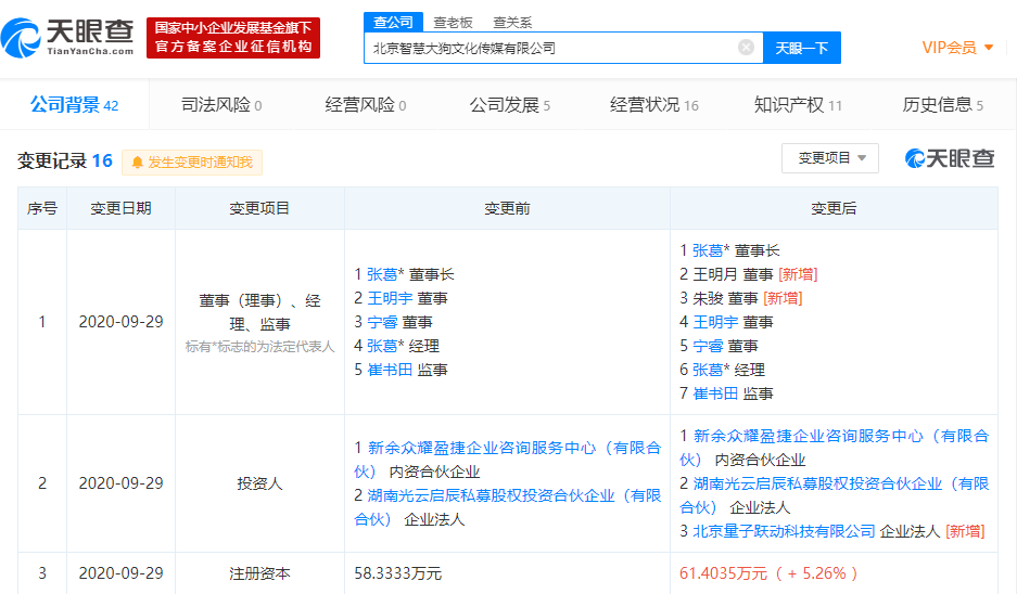 字节跳动全资子公司入股北京智慧大狗文化传媒有限公司