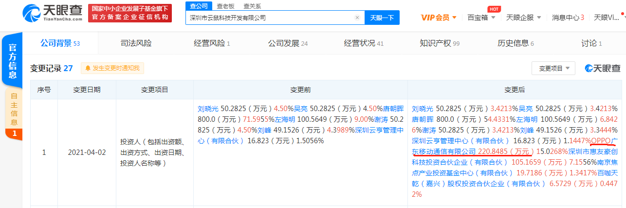 OPPO关联公司入股深圳市云鼠科技开发有限公司