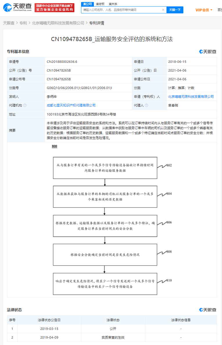 滴滴关联公司获得“运输服务安全评估的系统和方法”的专利授权