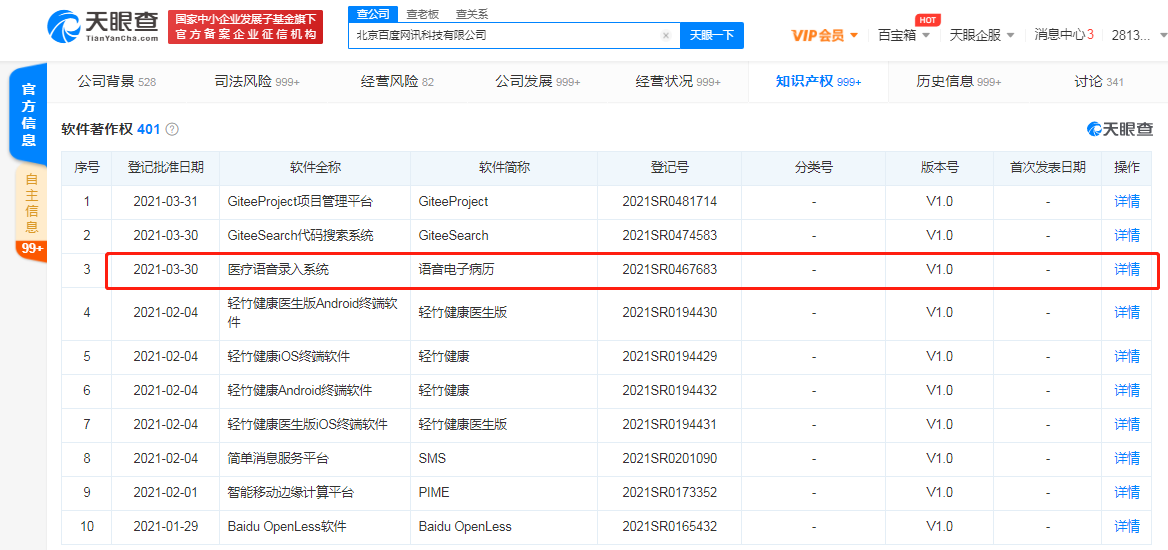 百度关联公司登记“语音电子病历”相关软件著作权