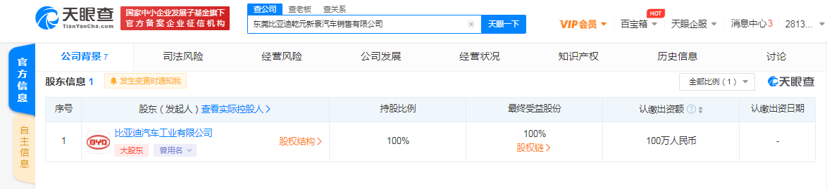 比亚迪关联公司在东莞成立汽车销售新公司
