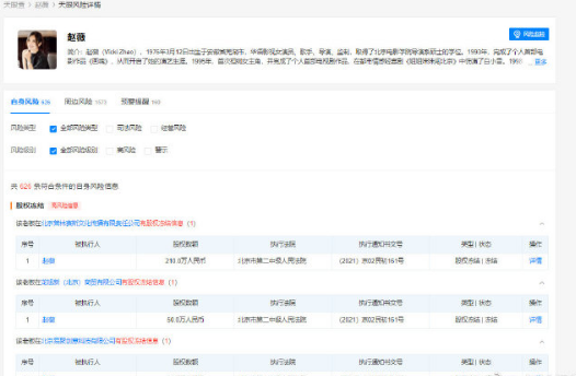 赵薇数百万股权被冻结