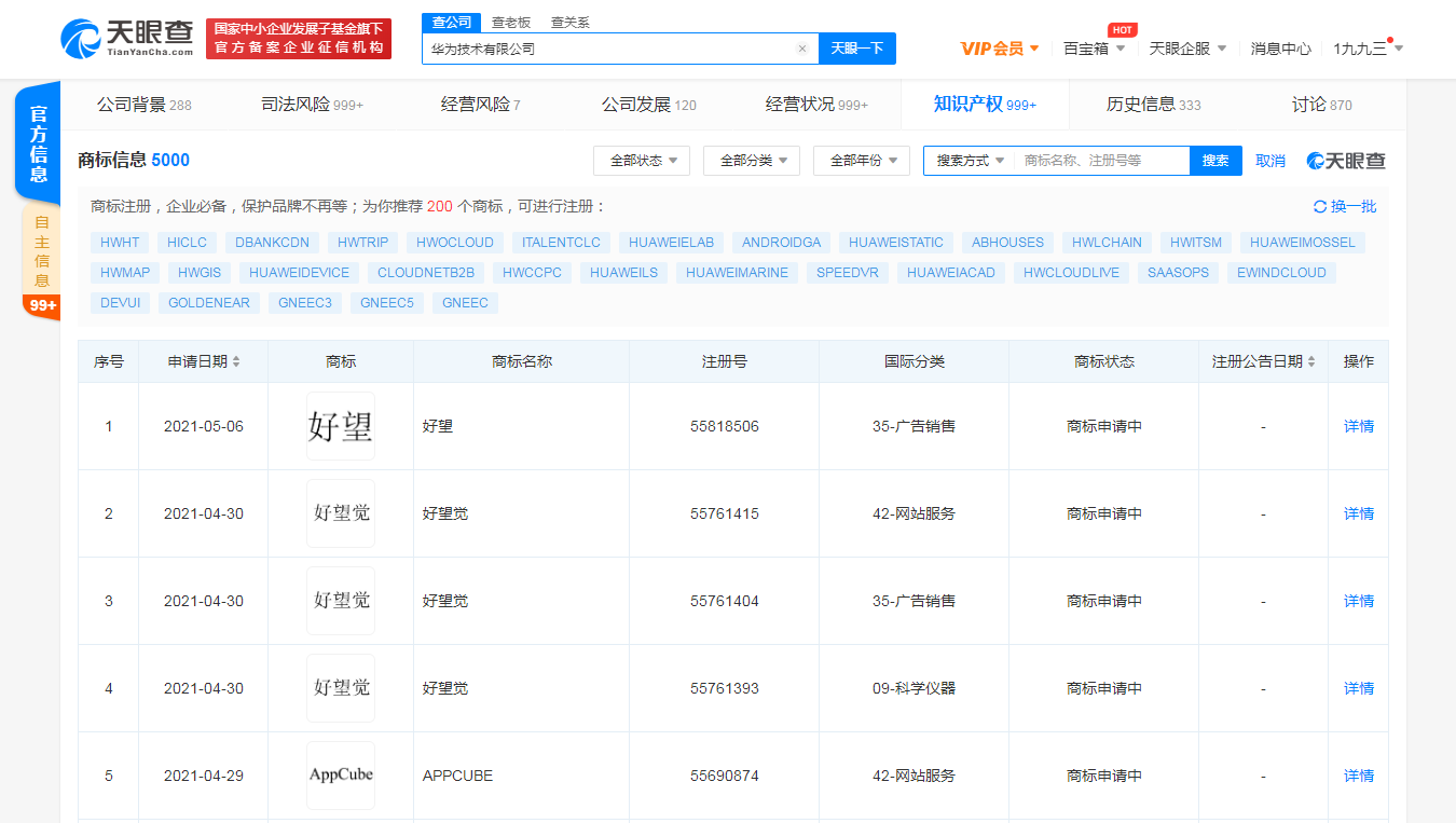 华为申请注册好望觉商标