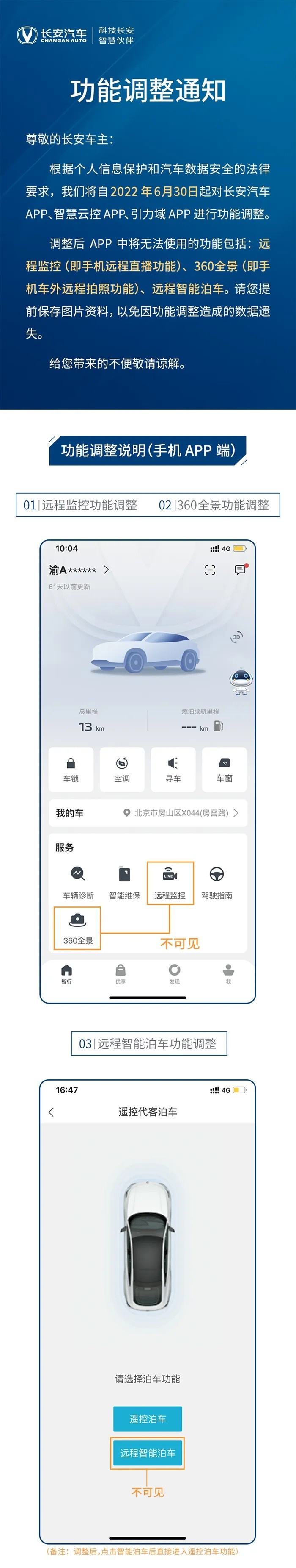 长安汽车：6 月 30 日起关闭车外远程拍照、远程智能泊车功能
